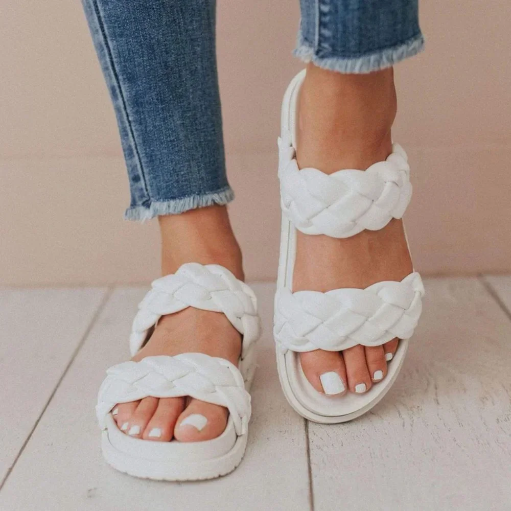 NEW White Braided Double Straps Slip On Platform Slides Slipper Sandals Shoes - Picture 7 of 16